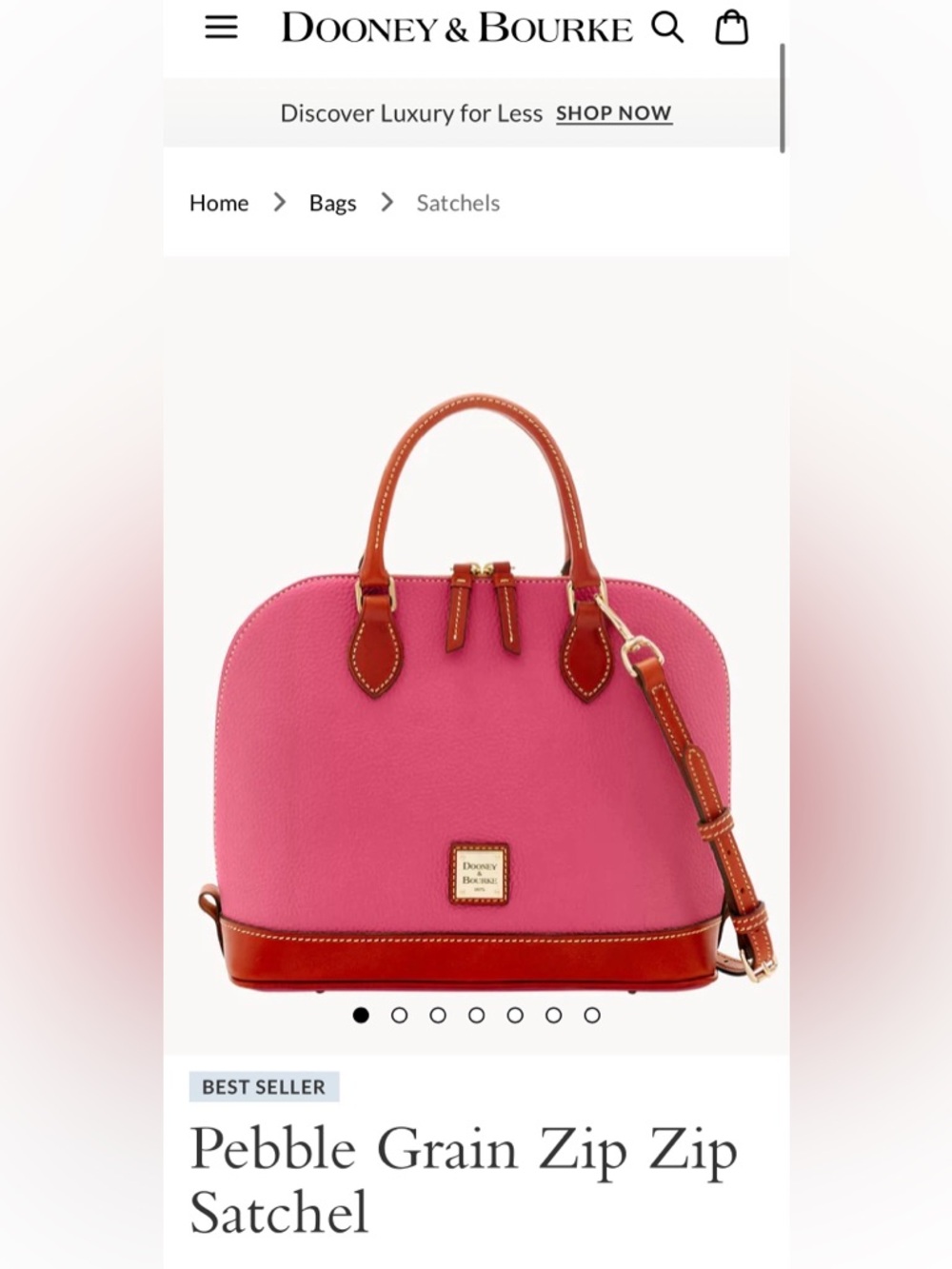 Dooney & Bourke Pink Pebble Grain Satchel in hot pink and brown leather.
